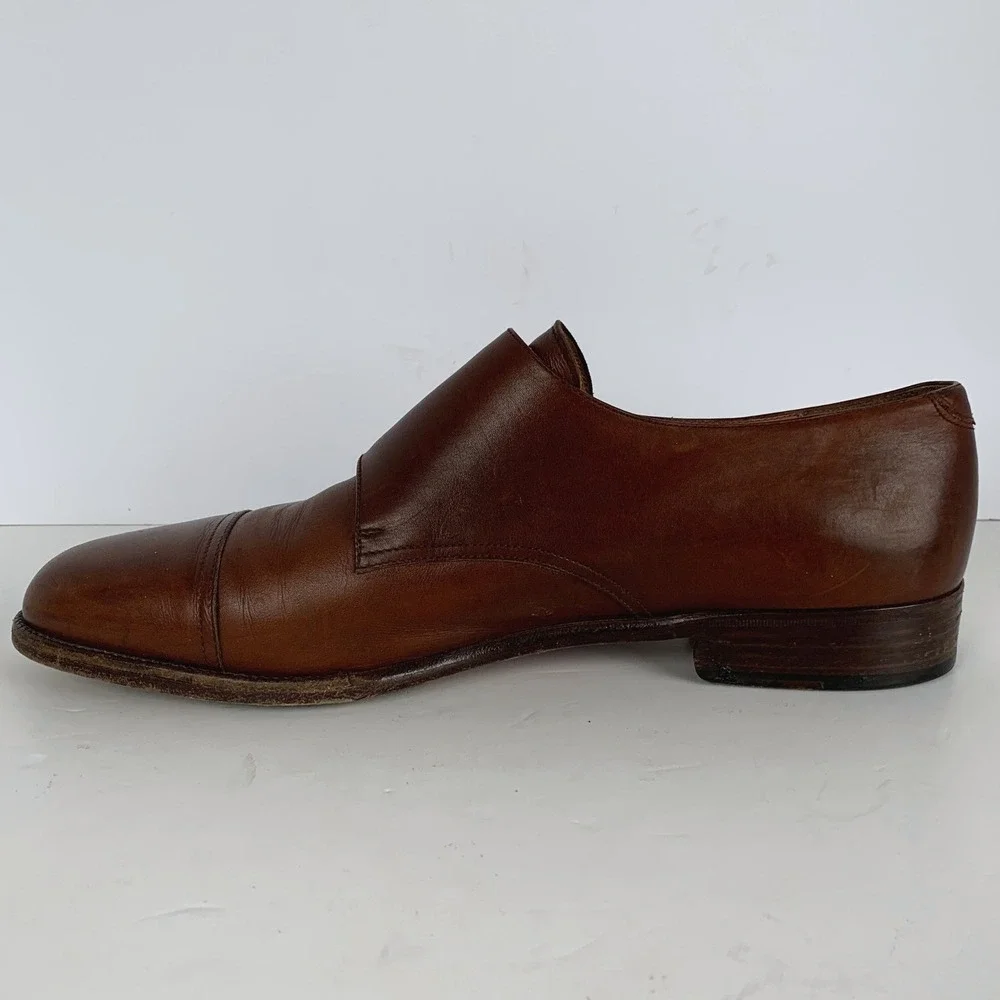 SALVATORE FERRAGAMO Leather Double Monk Strap Cap Toe Shoes 12 D Brown Italy